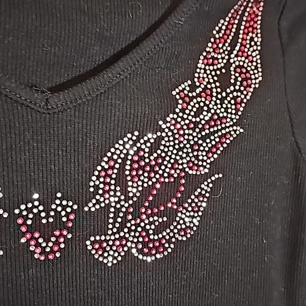 Grunge y2k Black V-neck Long Sleeve Ribbed Rhinestone Top Size L - Picture 4 of 6